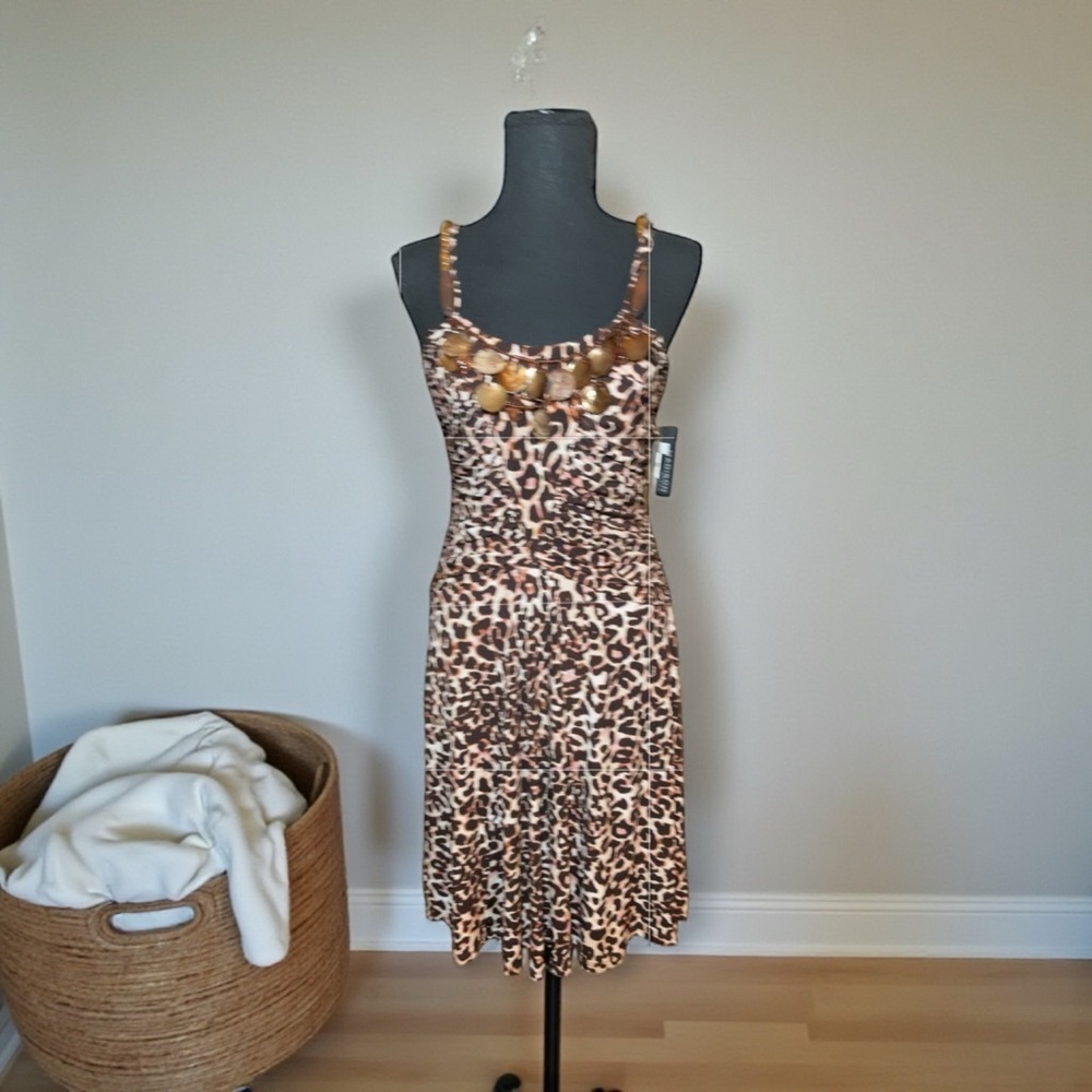 Madison Leopard Print Midi Dress Size 8 NWT Beaded Ruched Cocktail Y2K
